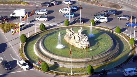 Aerial-view-of-Cibeles-fountain-at-Plaza-de-Cibeles-in-Madrid-in-a-sunny-day