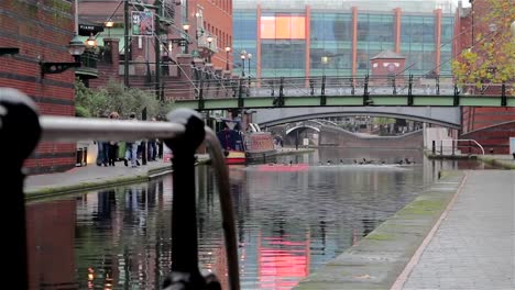 Blick-durch-flachen-Fokus-Geländer-Birmingham-Kanal