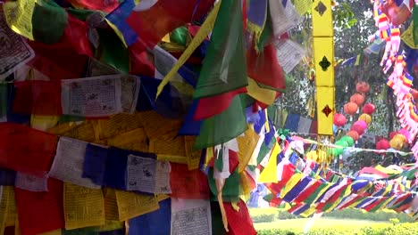 beautiful-Buddhist-praying-flags-on-tree-in-Lumbini,-Nepal