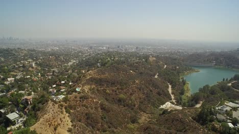 Aerial-view-of-Lake-Hollywood-and-Downtown-Los-Angeles----California,-USA