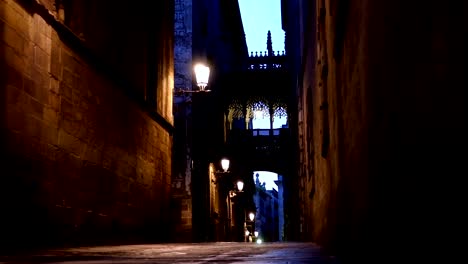 Calle-en-el-barrio-gótico-de-Barcelona-en-la-noche,-dolly