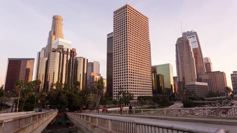 Downtown-Los-Angeles,-California-Day-To-Night-Timelapse-Buildings-and-Traffic