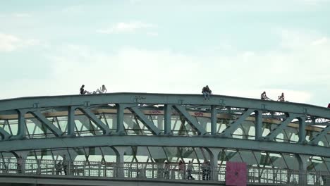 Concept-youth-lifestyle-subculture.-Crazy-risky-selfie-of-a-group-of-youth-on-top-of-the-bridge.-Life-threatening.-Moscow-Gorky-Park,-Moscow-river,-Russian