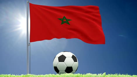 Rollos-de-bandera-de-Marruecos-revoloteando-y-un-balón-de-fútbol-sobre-el-césped,-render-3d,-material-de-archivo-de-4-k