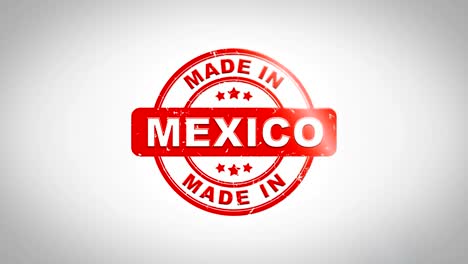 Hergestellt-In-Mexiko-unterzeichnet,-Stanz-hölzernen-Stempel-Textanimation.-Roter-Tinte-auf-Clean-White-Paper-Oberfläche-Hintergrund-mit-grünen-matten-Hintergrund-enthalten.