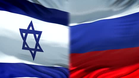 Israel-vs-Russia-confrontation,-countries-disagreement,-fists-on-flag-background