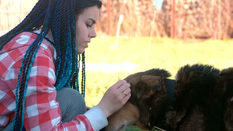 Junge-Frau-mit-blauen-Zöpfe-Haare-streicheln-den-Hund-draußen.