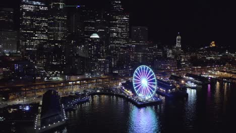 Aerial-drone-footage-of-Seattle-at-night