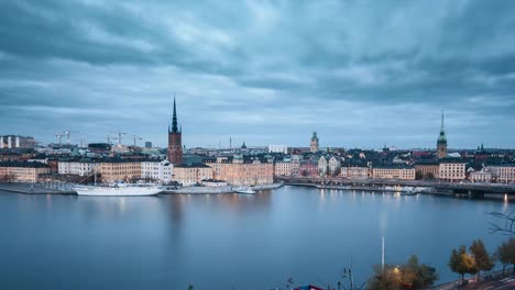 Stockholm-skyline-day-to-night-time-lapse,-Sweden,-Scandinavia