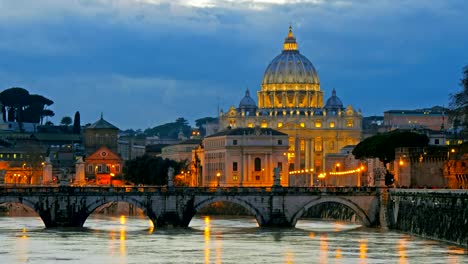 St.-Peter's-Basilica,-Ponte-Sant-Angelo-Bridge,-Vatican.-Rome,-Italy.-Time-lapse