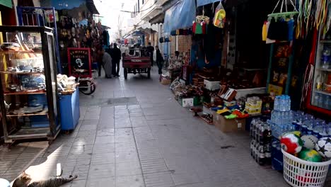 Menschen-gehen-und-eine-Kutsche-auf-einer-relativ-engen-Fußgängerzone-in-Essouira