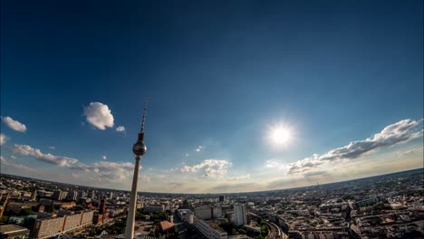 Perfect-Skyline-aerial-timelapse-of-Berlin-with-beautiful-sun-and-some-clouds-during-summer