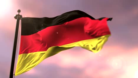 Flag-of-Germany-waving-at-wind-in-slow-at-sunset,-loop