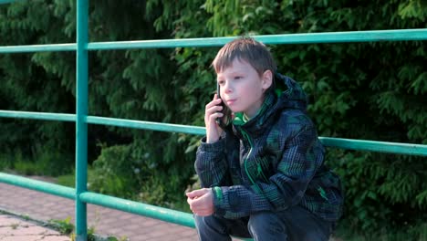 Junge-Ruft-das-Telefon-und-sprechen,-sitzen-im-Park.