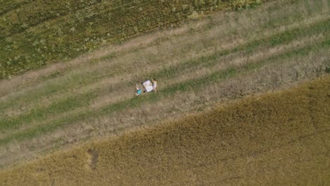 Junge-süße-Mädchen-spielen-Entdecker-mit-Karte-von-Italien-lesen-und-in-grünen-Weizen-Feld-Zeitlupe-zeigt-Top-Luftbild-Drohne