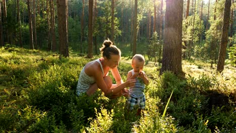 Mutter-und-Sohn-im-Alter-von-einem-Jahr-sammeln-und-Essen-wilde-Blaubeeren