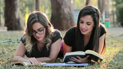 Mädchen-liegend-auf-dem-Rasen-mit-Büchern-studieren.-Studenten,-die-lesestoff-im-freien-in-der-Sonne