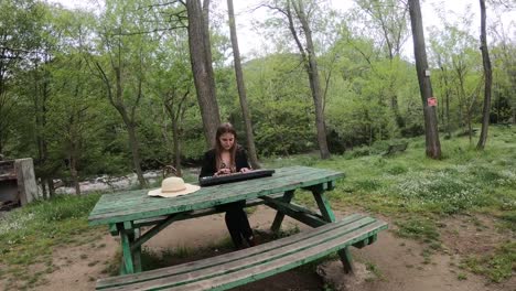 joven-y-hermosa-mujer-tocando-el-sintetizador-en-la-mesa-de-un-parque,-Francia