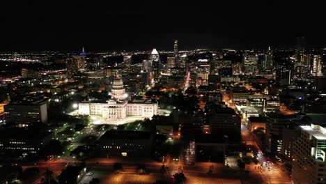 Aerial-of-Downtown-Austin,-Texas-at-Night