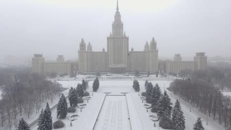 Aerial-footage-of-the-Stalinist-skyscraper,-architecture-of-the-USSR,-Soviet-Union