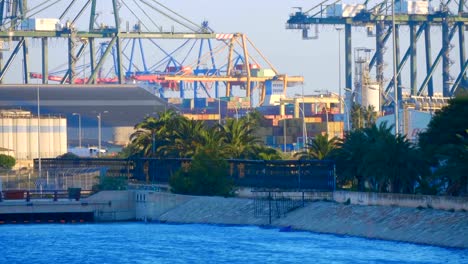 Cargo-seaport-with-many-cranes-in-Valencia,-Spain