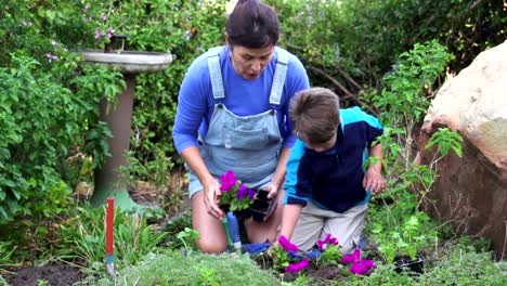 Madre-y-niño-seedlings-Plantando-flores-en-el-jardín,-Sudáfrica