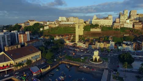 Aerial-View-of-All-Saints-Bay-at-Sunset-in-Salvador,-Bahia,-Brazil