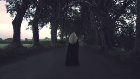 4k-Fantasy-Shot-in-Dark-Hedges,-Queen-Turning-and-Walking-Away