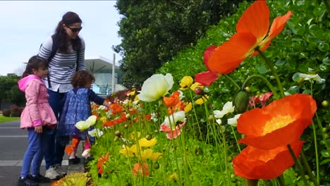 Mother-and-daughter-looks-at-colourful-flowers-blossom