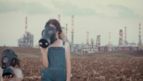 Save-our-planet---children-with-gas-masks-near-a-big-oil-refinery