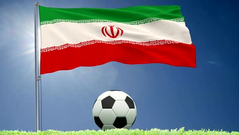 Rollos-de-bandera-de-flameo-de-Irán-y-un-balón-de-fútbol-sobre-el-césped,-render-3d,-material-de-archivo-de-4-k