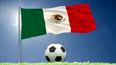 Rollos-de-bandera-de-México-ondeando-y-una-pelota-de-fútbol-sobre-el-césped,-render-3d,-material-de-archivo-de-4-k