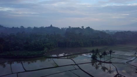 Aerial-view-drone-shot-of-Borobudur-temple-in-Java-at-sunrise,-Indonesia-Travel-religion-drone-concept-4K-resolution