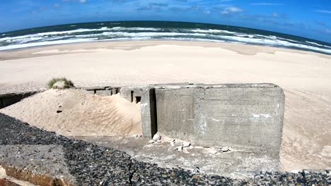 Ruin-of-concrete-Bunker,-Atlantic-Wall,-Second-World-War,-memorial,-North-Sea,-4K