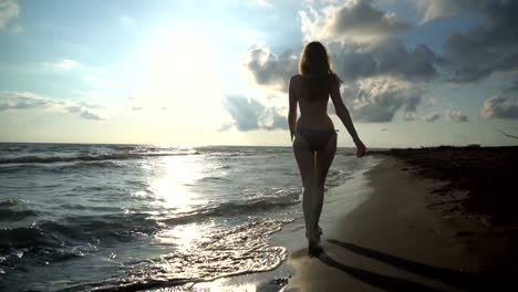 La-bella-rubia-en-bikini-caminando-por-la-playa