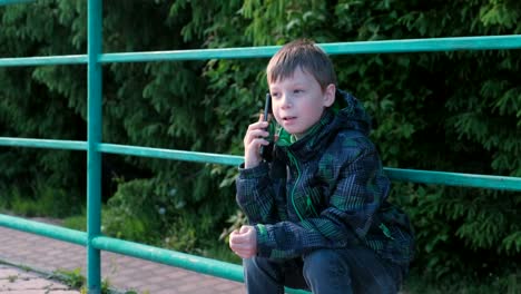 Boy-se-llama-en-el-teléfono-y-hablando-sentados-en-el-parque.