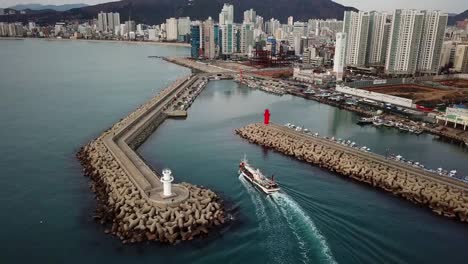 Gwangan-Bridge-and-Haeundae-aerial-view-at-Sunrise,-Busan,-South-Korea.