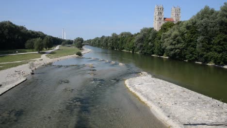 St-maximilian-church-and-isar-river-summertime,-Munich,-Bavaria,-Germany