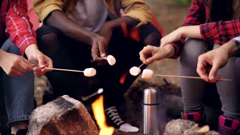 Multiethnic-group-of-tourists-is-cooking-food-on-fire-warming-marshmallow-on-sticks-resting-around-campfire-during-hike.-People's-arms-and-legs-are-visible.