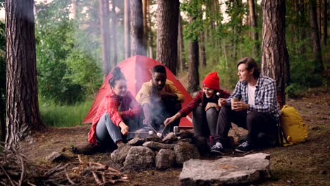 Grupo-multirracial-de-jóvenes-viajeros-masculinos-y-femeninos-es-cocinar-asar-malvaviscos-en-el-fuego-en-bosque-y-sonriendo.-Excursiones,-sano-concepto-de-estilo-de-vida-y-juventud.