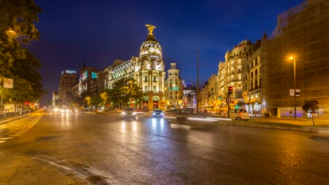 Timelapse-centro-madrid-gran-vía-en-el-momento-del-crepúsculo,-España