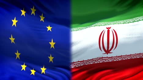 Europäischen-Union-und-dem-Iran-Fahnen-Hintergrund,-diplomatische-und-wirtschaftliche-Beziehungen