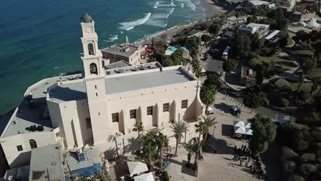 Aerial-View-of-St.-Peters-Kirche-in-Jaffa,-Israel