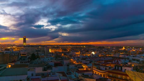 Sevilla-wunderschönen-Sonnenuntergang-Panorama-der-Stadt-vom-Dach-4-k-Zeitraffer-Spanien