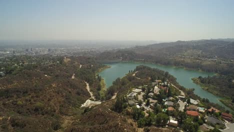 Aerial-view-of-Lake-Hollywood-and-Downtown-Los-Angeles----California,-USA