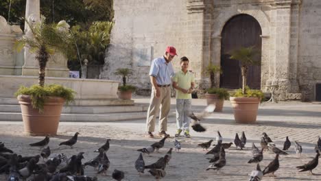 Grandpa-And-Grandson-Feeding-Pigeons-With-Bread-On-Vacations