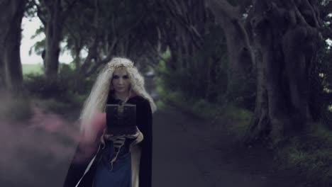 4k-Fantasy-Shot-in-Dark-Hedges,-Queen-Holding-a-Box-with-Smoke