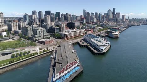 Helicopter-Flight-Above-Downtown-City-Waterfront-Piers-to-Urban-Skyscraper-Buildings