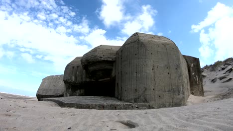 Ruin-of-concrete-Bunker,-Atlantic-Wall,-Second-World-War,-memorial,-North-Sea,-4K