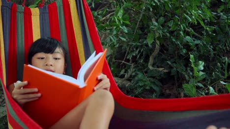 Little-girl-chilling-on-hammock-and-reading-a-book-story